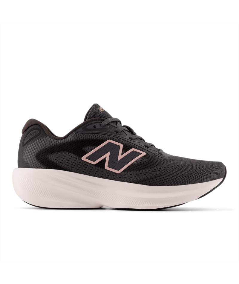 Dark gray running shoe with pink logo on a white background
