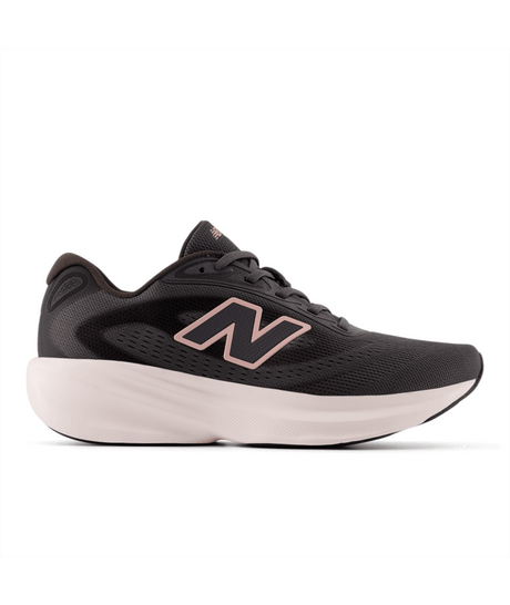 Dark gray running shoe with pink logo on a white background
