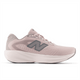 Pink running shoe with a gray New Balance logo on a white background