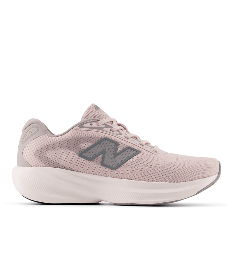 Pink running shoe with a gray New Balance logo on a white background