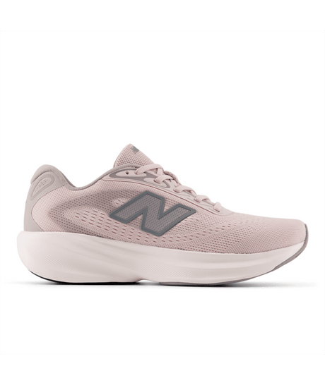 Pink running shoe with a gray New Balance logo on a white background