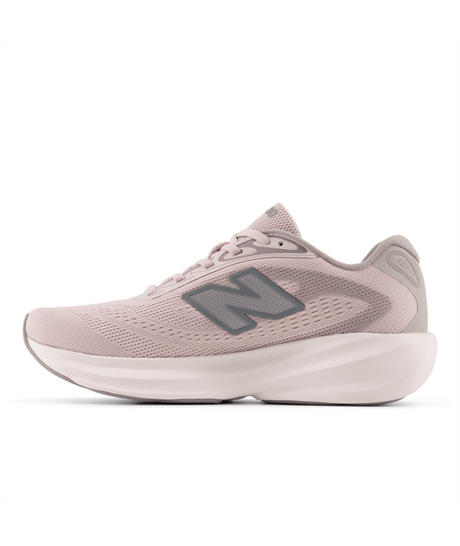 Pink running shoe with New Balance logo on a white background