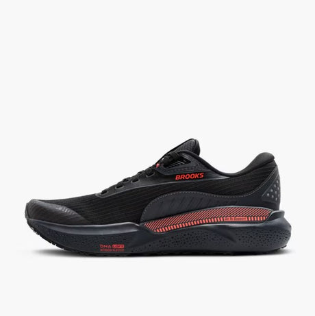 Black running shoe with red accents on a white background