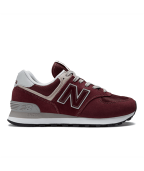 Maroon New Balance 574 sneaker with white accents on a white background. Can be purchased at www.sneakersplus.ca 