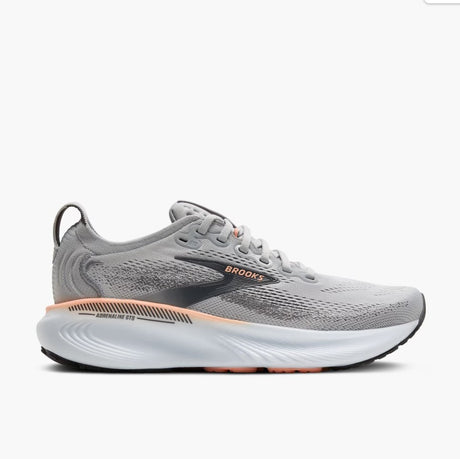 Gray running shoe with 'Brooks' branding on a white background