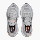 Pair of gray running shoes with 'Brooks' branding on a white background