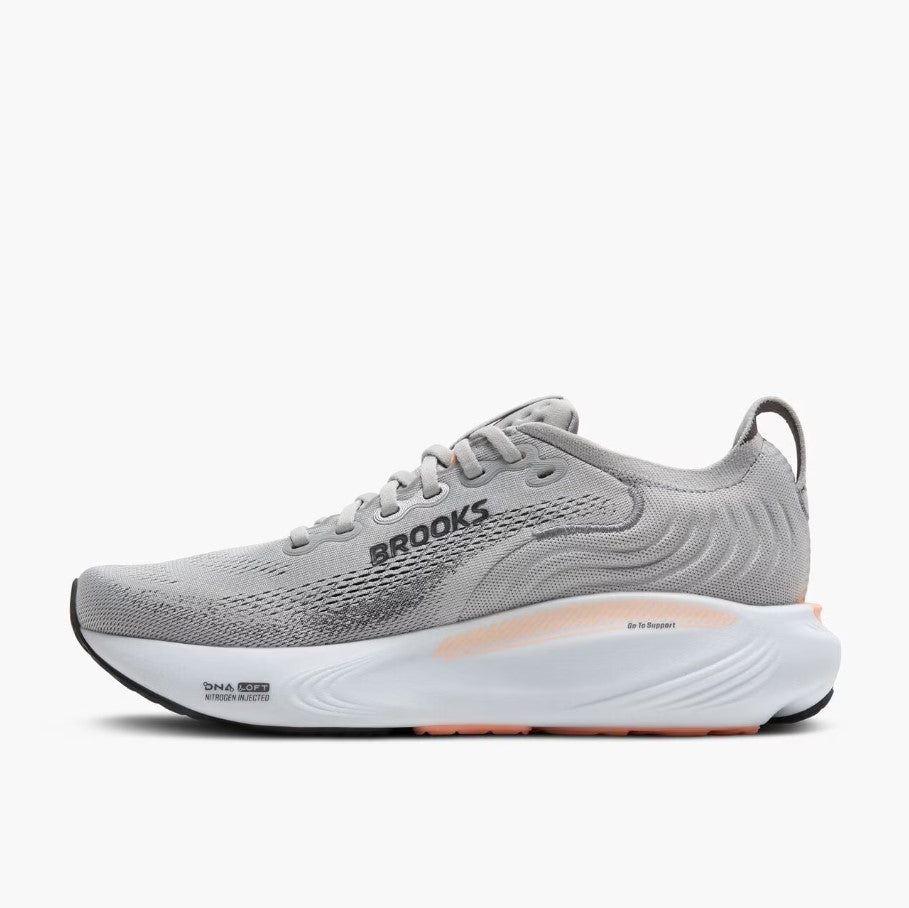 Gray running shoe with Brooks logo on a white background