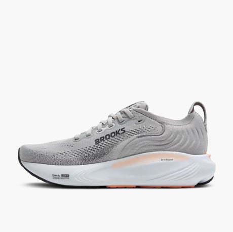 Gray running shoe with Brooks logo on a white background