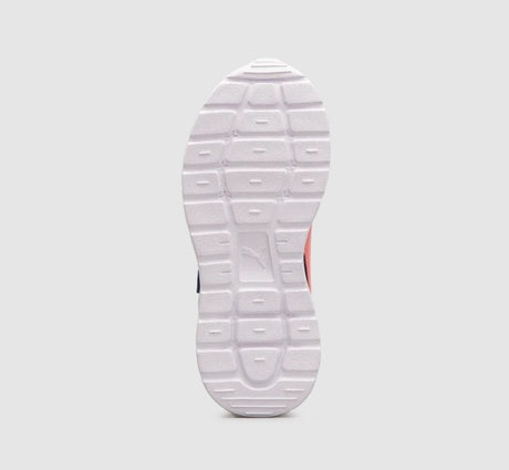 Close-up of a shoe sole with brand logo on a light gray background
