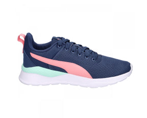 Navy blue Puma running shoe with pink and green accents on a white background.  Can be purchased at www.sneakersplus.ca