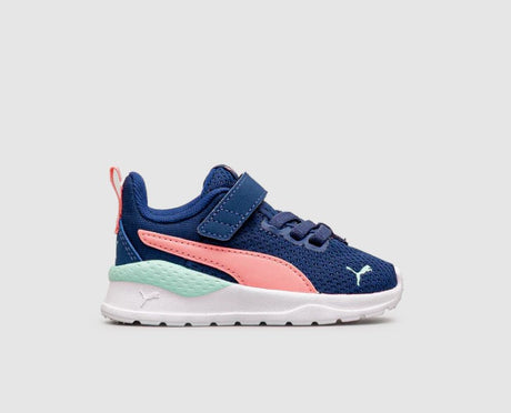 Blue and pink toddler running shoe with Puma logo on a light gray background. Can be purchased at www.sneakersplus.ca 
