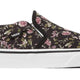 Floral-patterned slip-on sneaker with a white sole on a white background