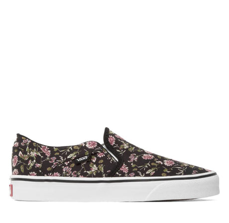 Floral-patterned slip-on sneaker with a white sole on a white background