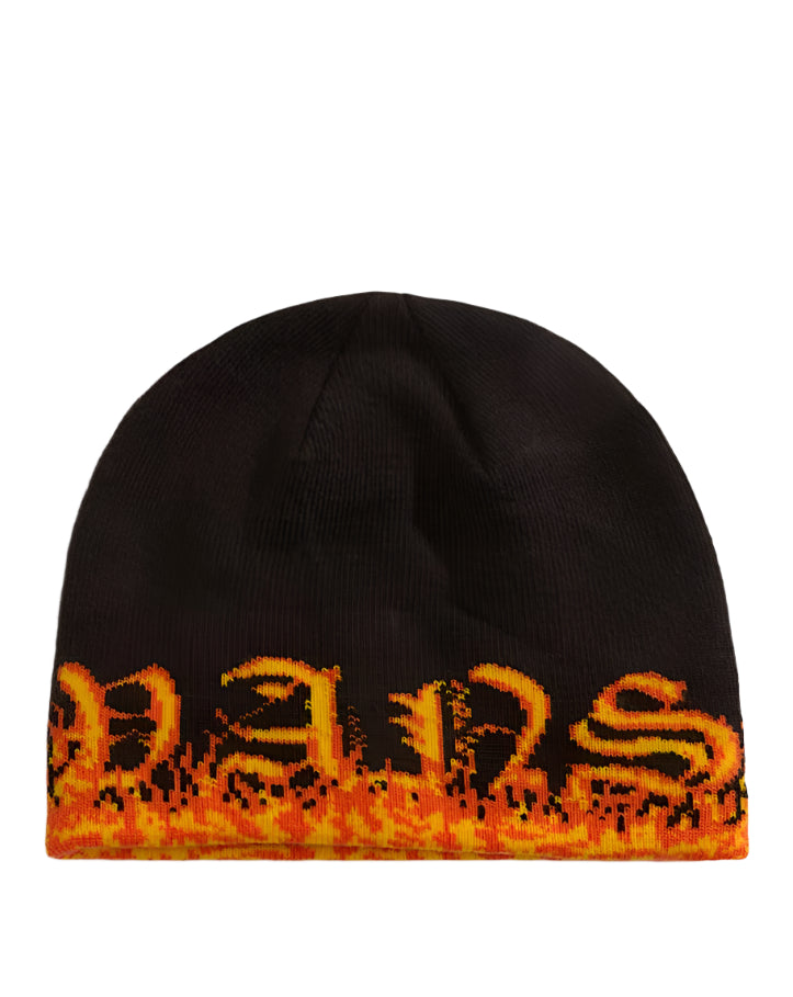Black beanie with orange and yellow flame pattern on a white background