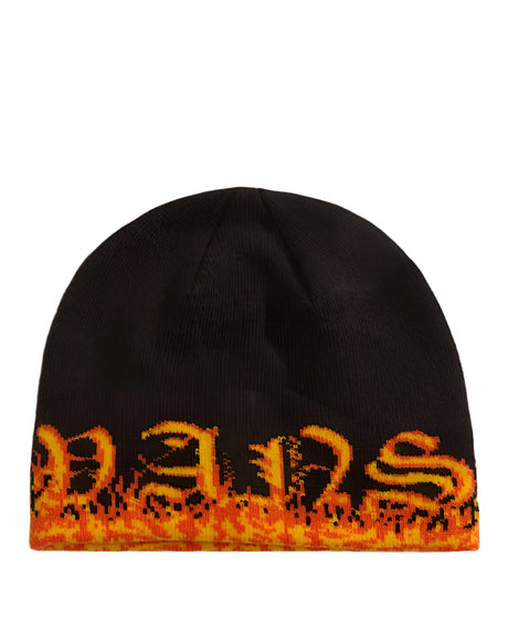 Black beanie with orange and yellow flame pattern on a white background