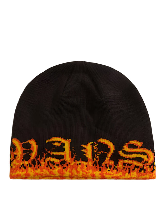 Black beanie with orange and yellow flame pattern on a white background