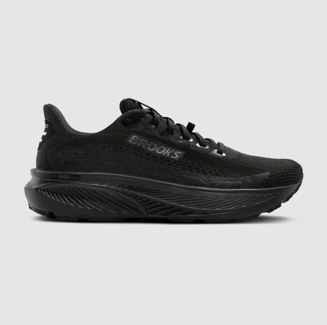 Black running shoe with 'Brooks' branding on a light gray background