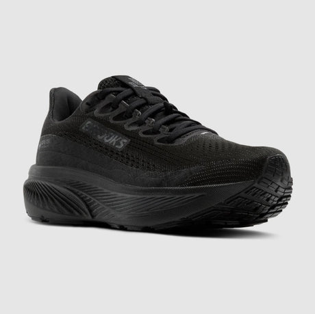 Black running shoe on a light gray background