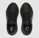 Black running shoes with 'Brooks' branding on a light gray background