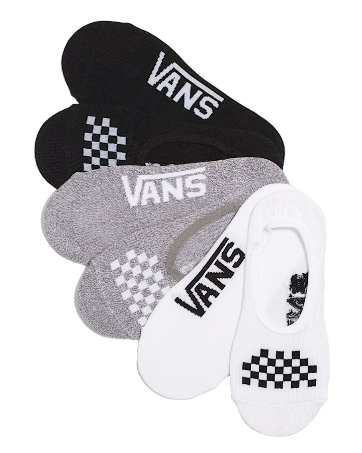Three pairs of Vans socks in black, gray, and white on a beige background