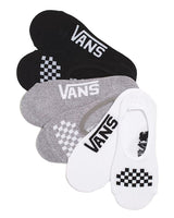 Three pairs of Vans socks in black, gray, and white on a beige background