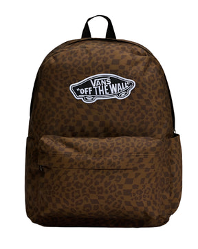 Brown leopard print backpack with Vans 'Off The Wall' logo on a beige background