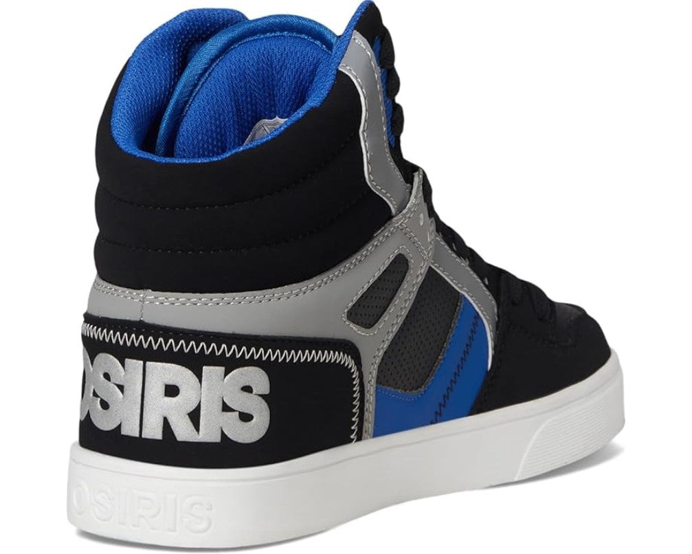 Black, blue, and gray high-top sneaker with Osiris branding on a white background