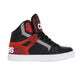 Black, red, and gray sneaker with white sole on a white background
