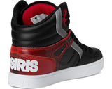 Black and red high-top sneaker with 'Osiris' branding on a white background