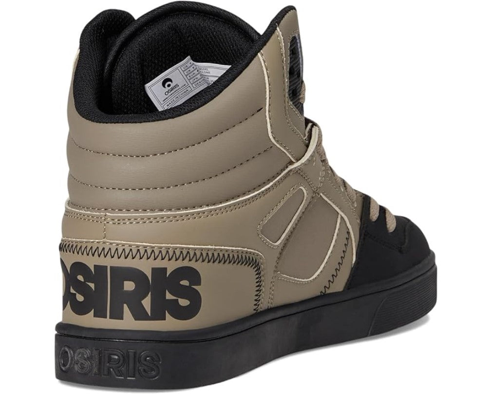 Beige high-top sneaker with black Osiris branding on a white background