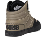 Beige high-top sneaker with black Osiris branding on a white background