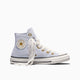 A light blue high-top Converse sneaker with white lace trim, white laces, gold eyelets, and a white rubber toe cap and sole, shown from a side profile on a white background.