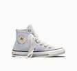 A light blue high-top Converse sneaker with white lace trim, white laces, gold eyelets, and a white rubber toe cap and sole, shown from a side profile on a white background.
