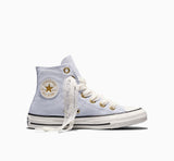 A light blue high-top Converse sneaker with white lace trim, white laces, gold eyelets, and a white rubber toe cap and sole, shown from a side profile on a white background.
