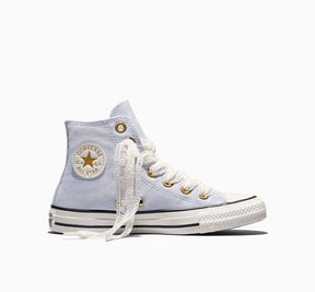 A light blue high-top Converse sneaker with white lace trim, white laces, gold eyelets, and a white rubber toe cap and sole, shown from a side profile on a white background.