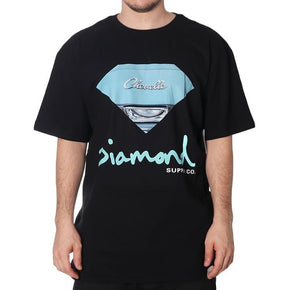 Black t-shirt with blue diamond shaped graphic and text on a white background