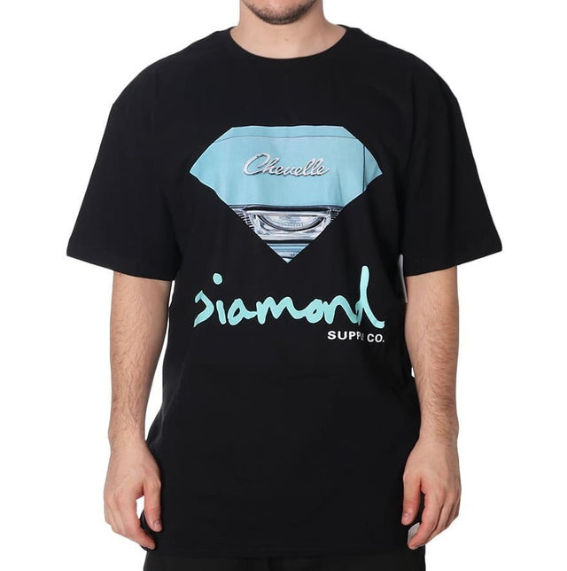 Black t-shirt with blue diamond shaped graphic and text on a white background
