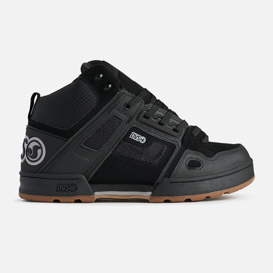 Black high-top sneaker with visible branding on a white background