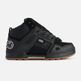 Black high-top sneaker with visible branding on a white background