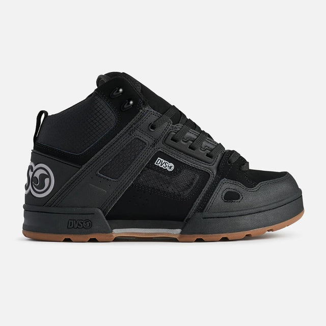 Black high-top sneaker with visible branding on a white background