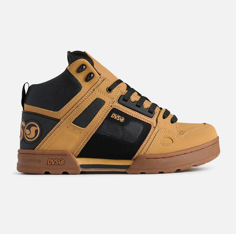 Tan and black high-top sneaker with DVS logo on a white background