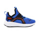 Blue Puma sneaker with black and red accents on a white background