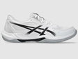 White Asics athletic shoe with black accents on a light gray background.  Can be purchased at www.sneakersplus.ca