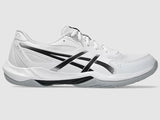 White Asics athletic shoe with black accents on a light gray background.  Can be purchased at www.sneakersplus.ca