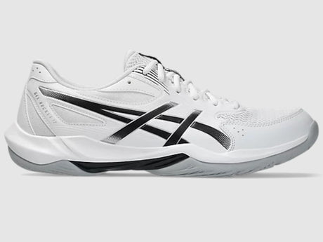 White Asics athletic shoe with black accents on a light gray background.  Can be purchased at www.sneakersplus.ca