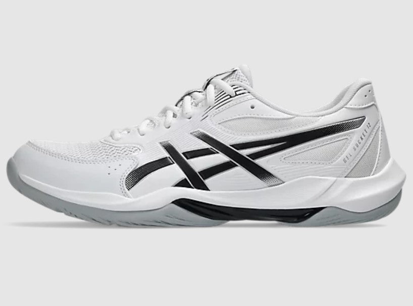 White athletic shoe with black accents on a light gray background