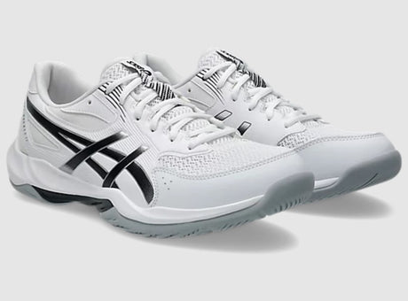 White Asics court athletic shoe with black accents on a light gray background
