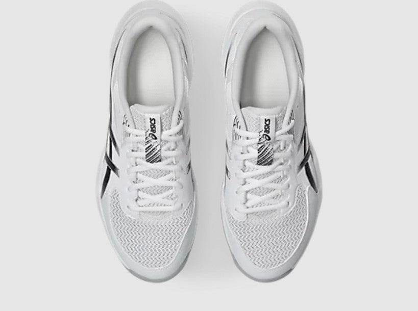 White running shoes with black accents on a light gray background
