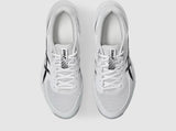 White running shoes with black accents on a light gray background
