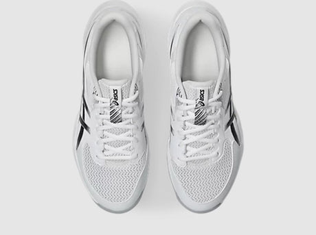 White running shoes with black accents on a light gray background